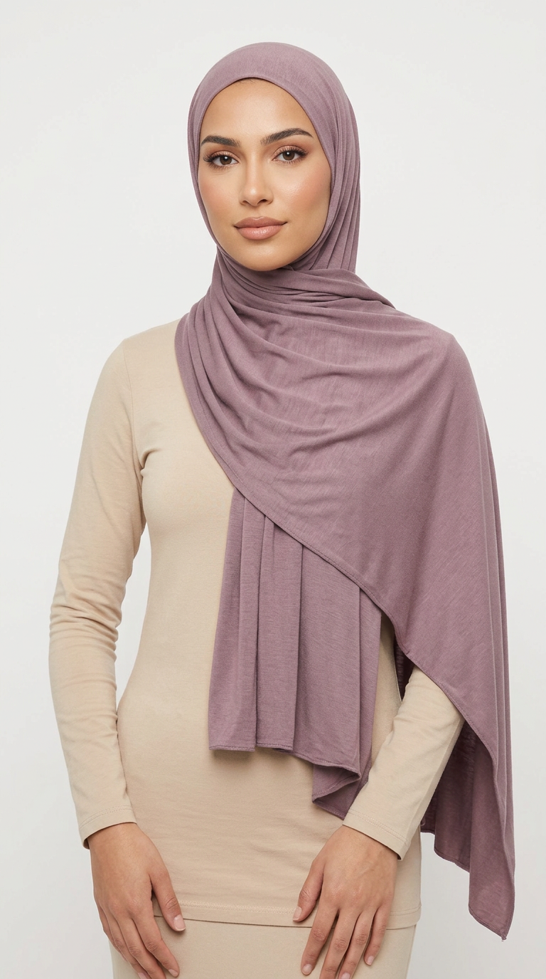 Woman wearing the Ash Big Jersey Hijab with a beige top