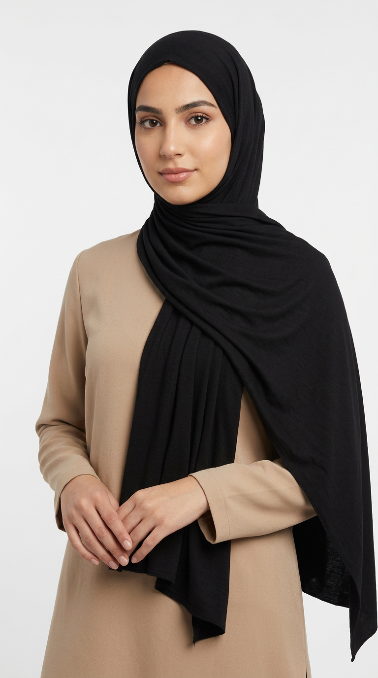 Woman wearing the Black Big Jersey Hijab with a beige top