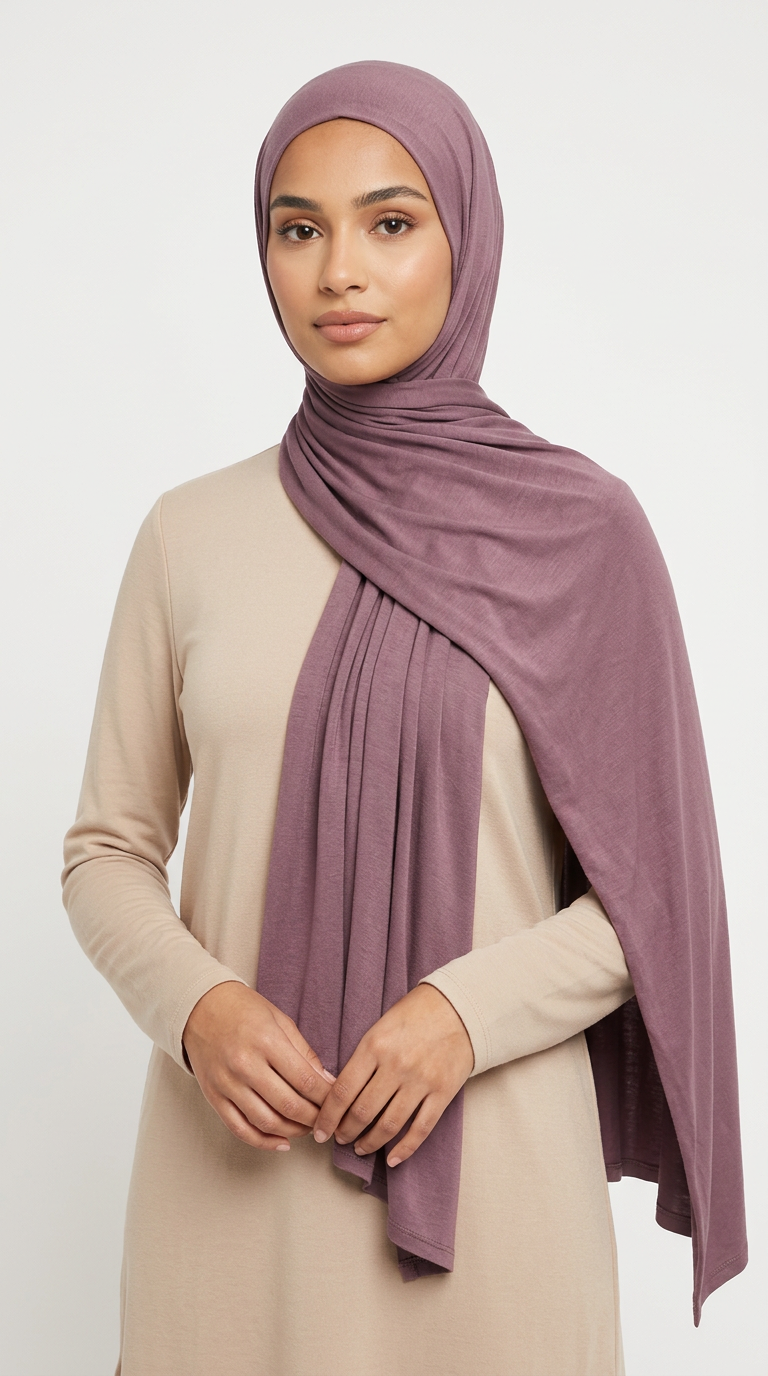 Woman wearing the Redwood Big Jersey Hijab with a beige top