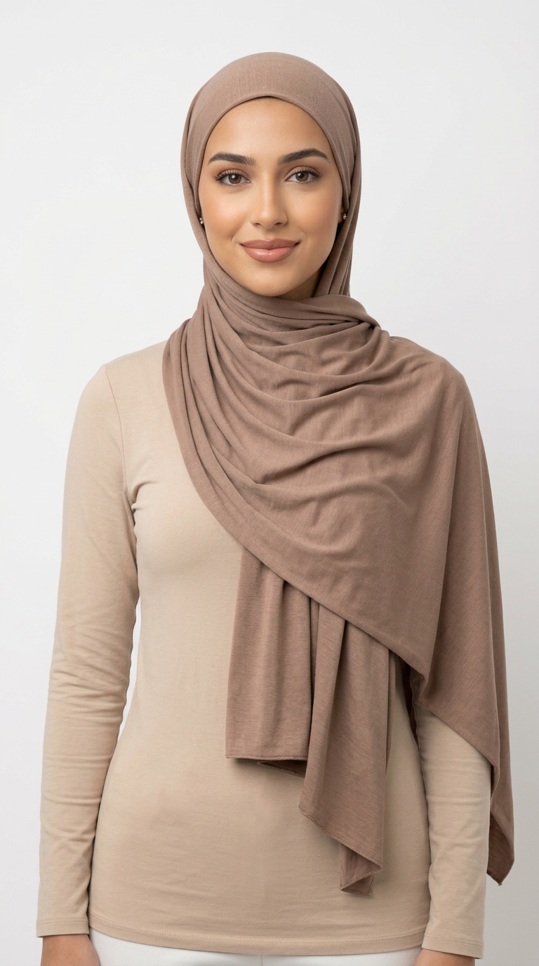 Woman wearing the Tortilla Big Jersey Hijab with a beige top
