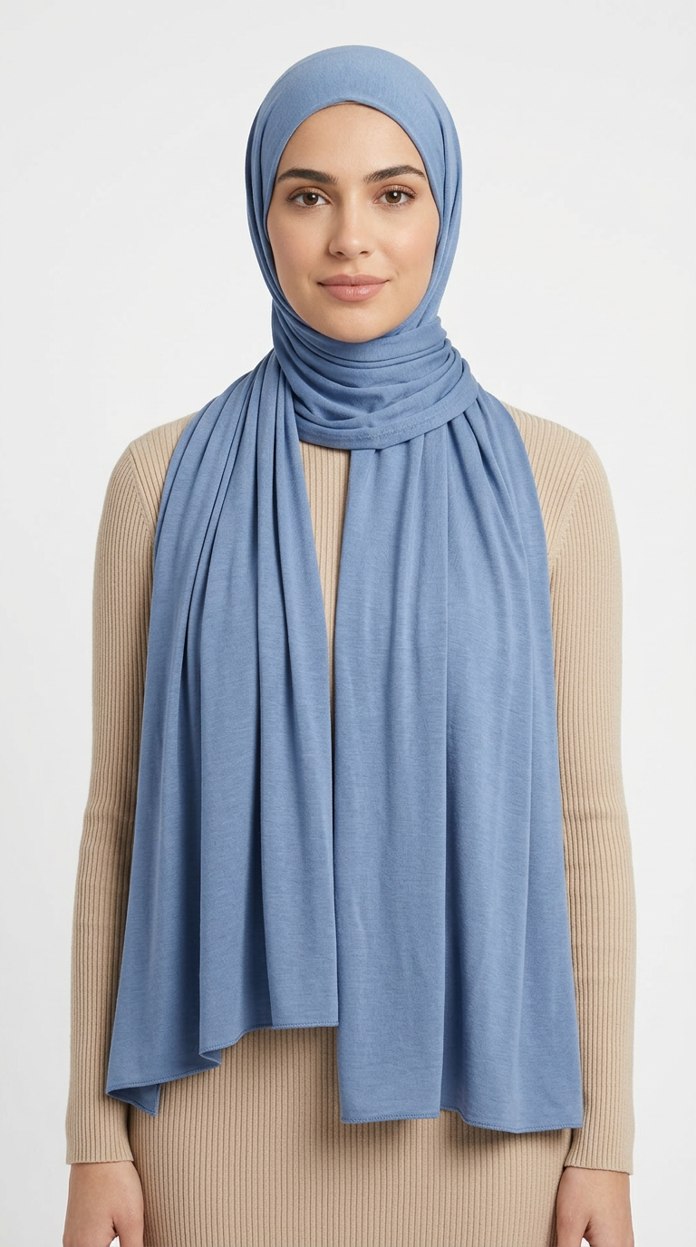 Woman wearing the Pigeon Big Jersey Hijab with a beige top