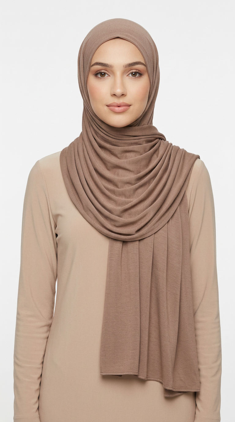 Woman wearing the Tortilla Big Jersey Hijab with a beige top
