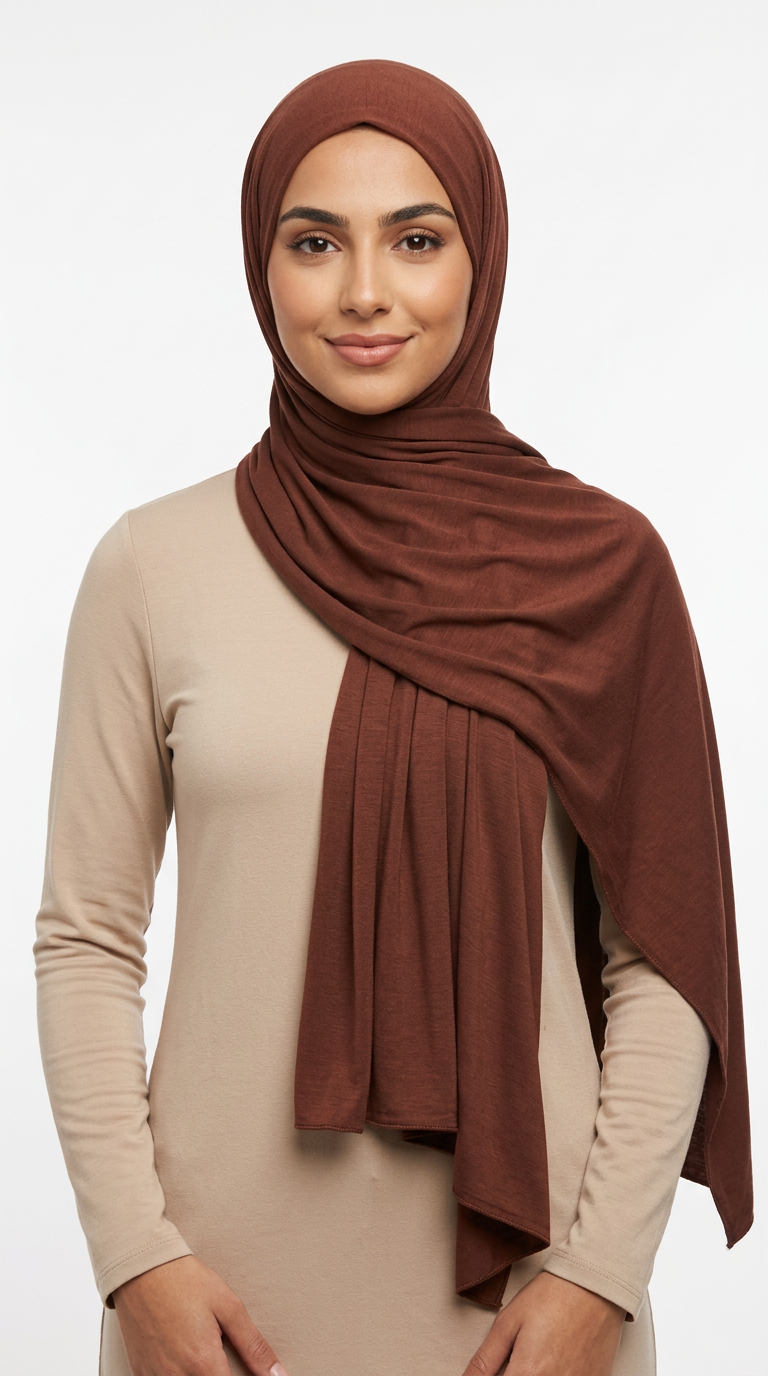 Woman wearing the Syrup Big Jersey Hijab with a beige top