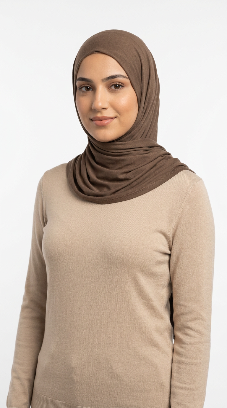 Woman wearing the Cedar Big Jersey Hijab with a beige top