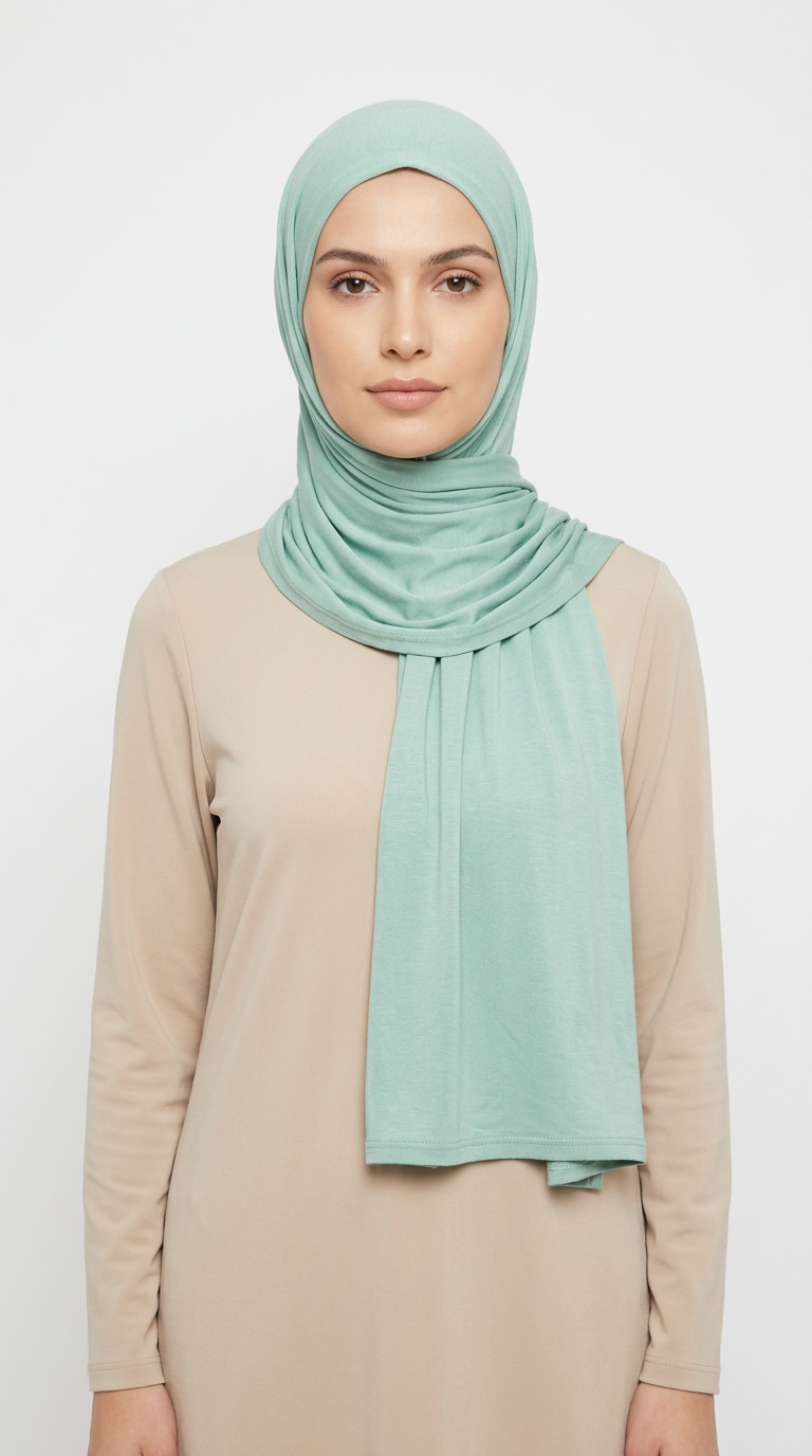 Woman wearing the Turquoise Big Jersey Hijab with a beige top