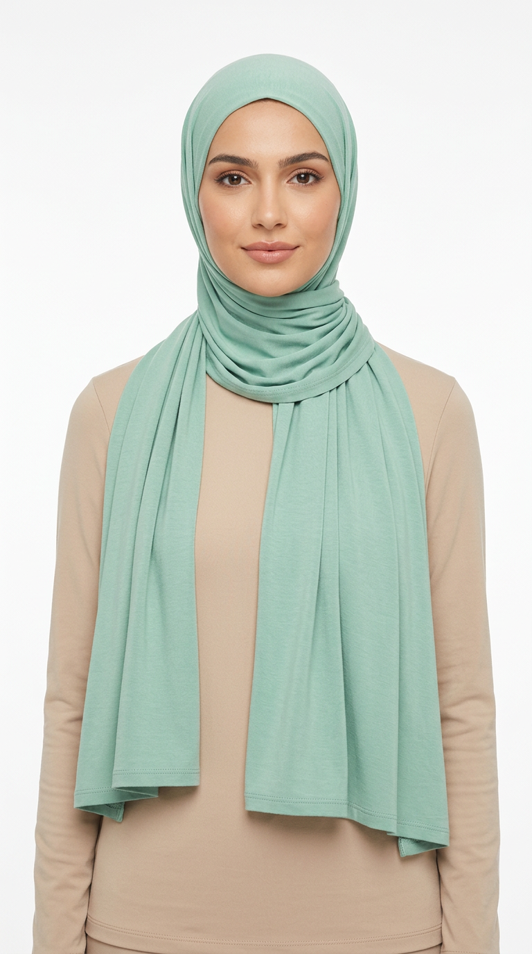 Woman wearing the Turquoise Big Jersey Hijab with a beige top