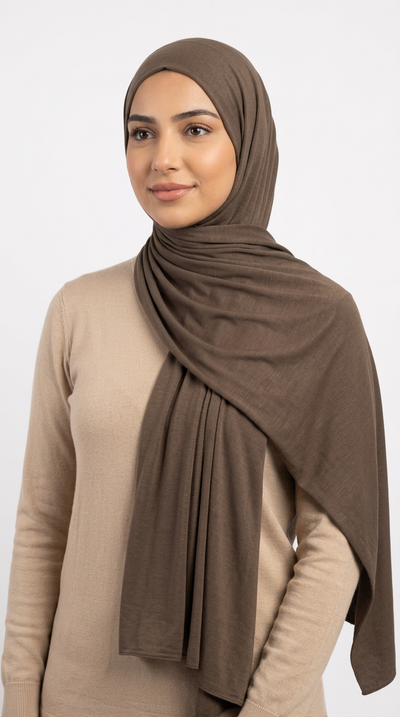 Woman wearing the Cedar Big Jersey Hijab with a beige top