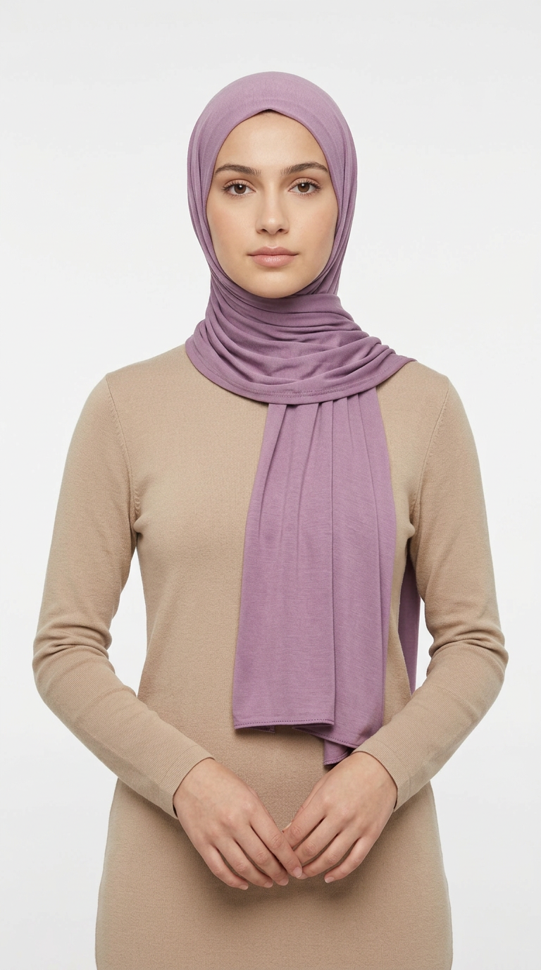 Woman wearing the Mulberry Big Jersey Hijab with a beige top