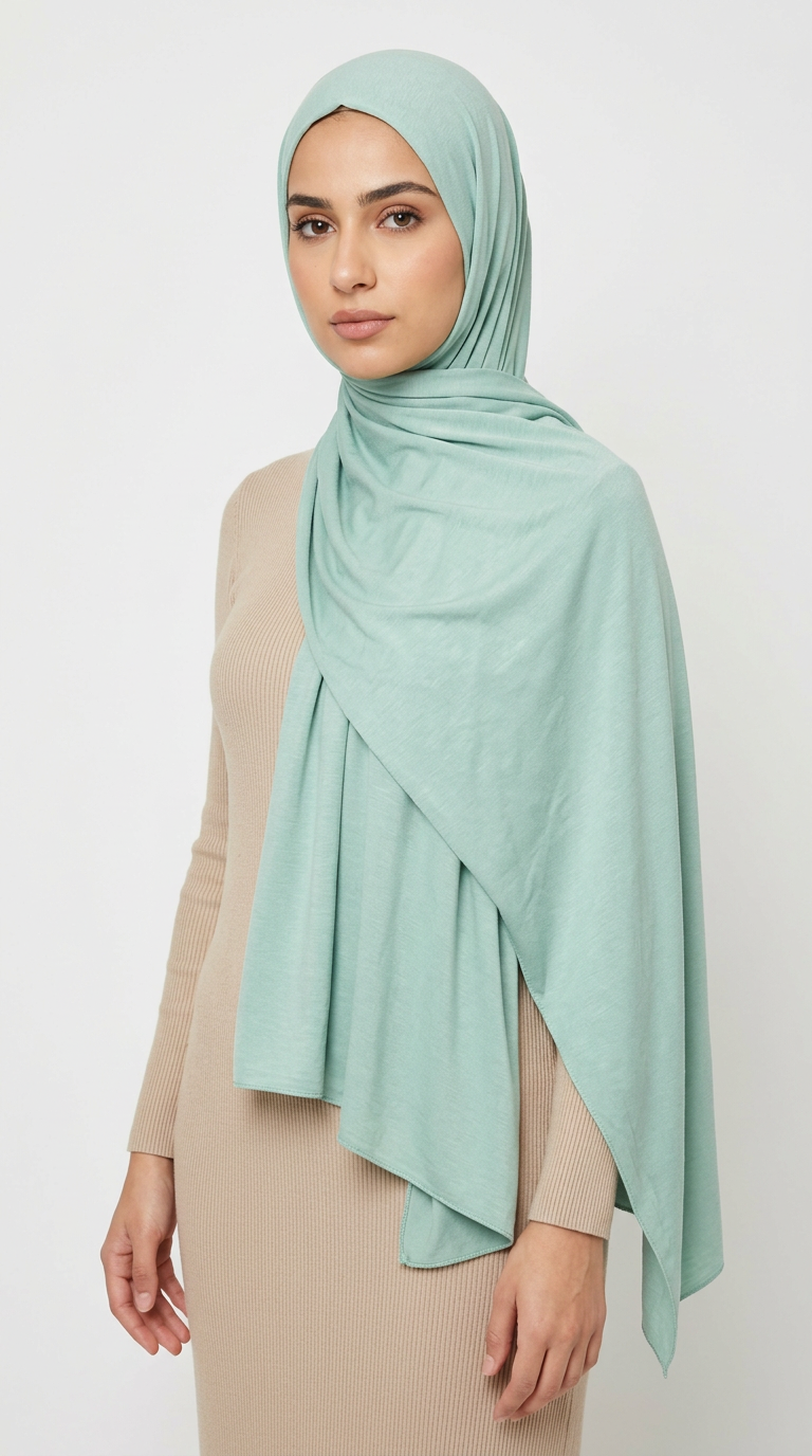 Woman wearing the Turquoise Big Jersey Hijab with a beige top