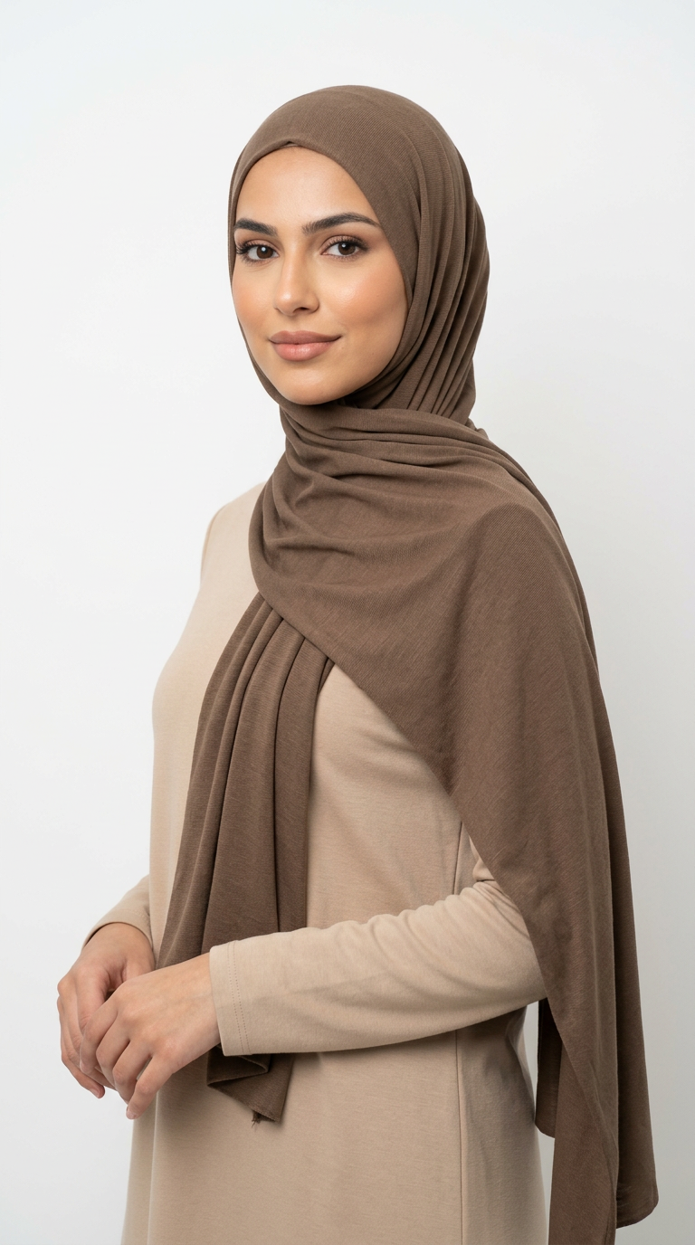 Woman wearing the Cedar Big Jersey Hijab with a beige top