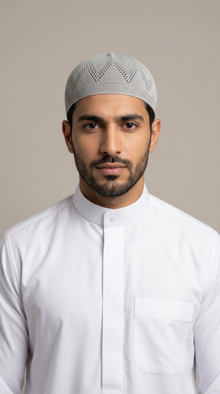 Man wearing a gray topi prayer cap, front view