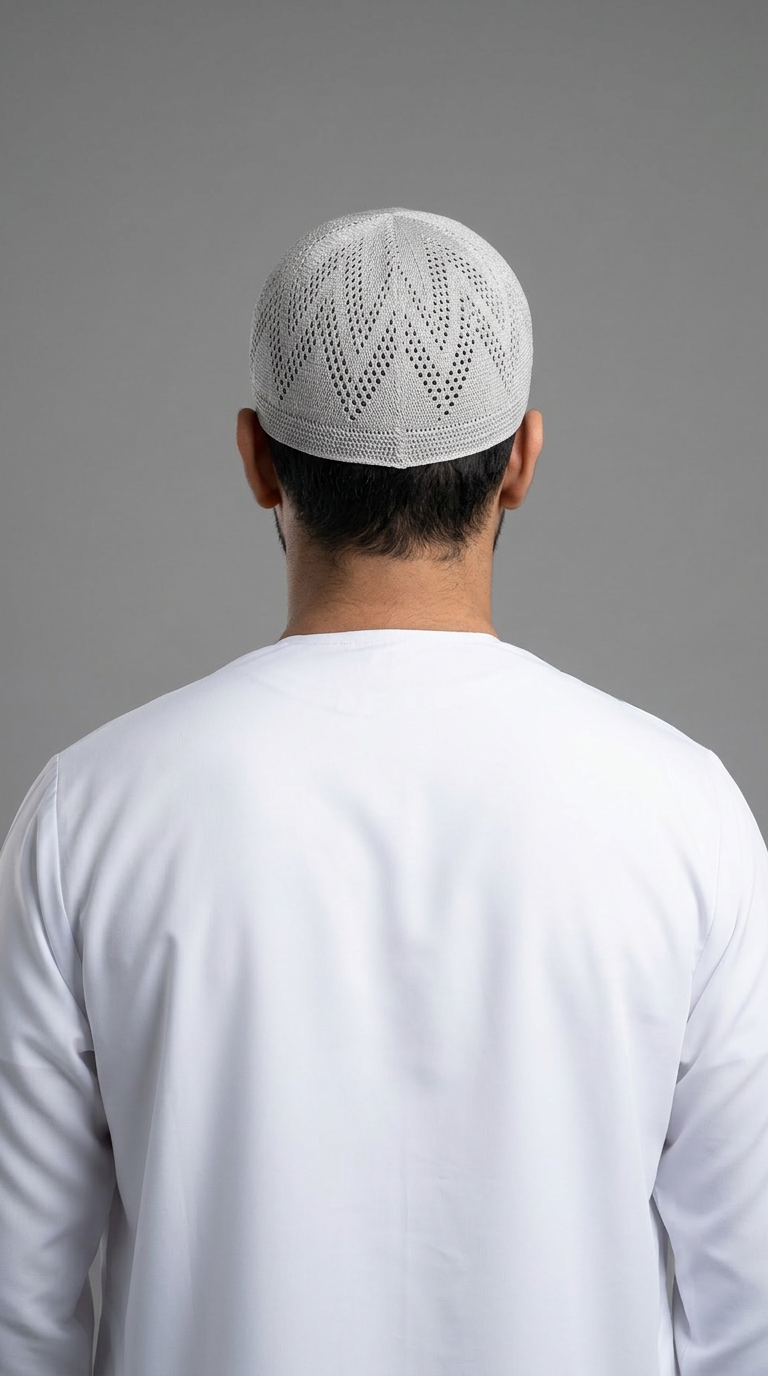 Man wearing a gray topi prayer cap, rear view