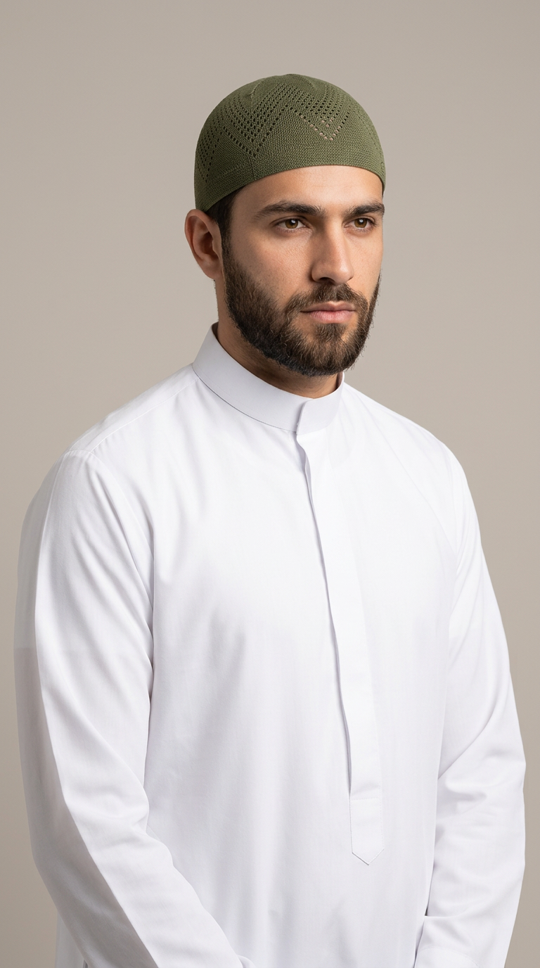 Man wearing a olive topi prayer cap, front view