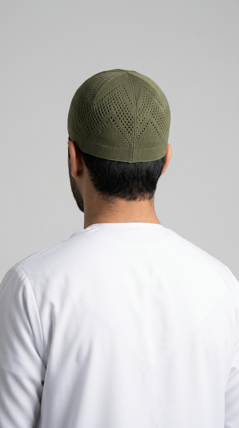 Man wearing a olive topi prayer cap, rear view