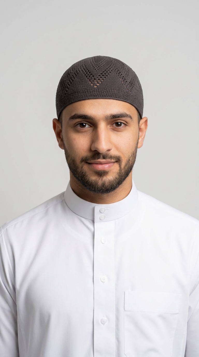 Man wearing a brown topi prayer cap, front view