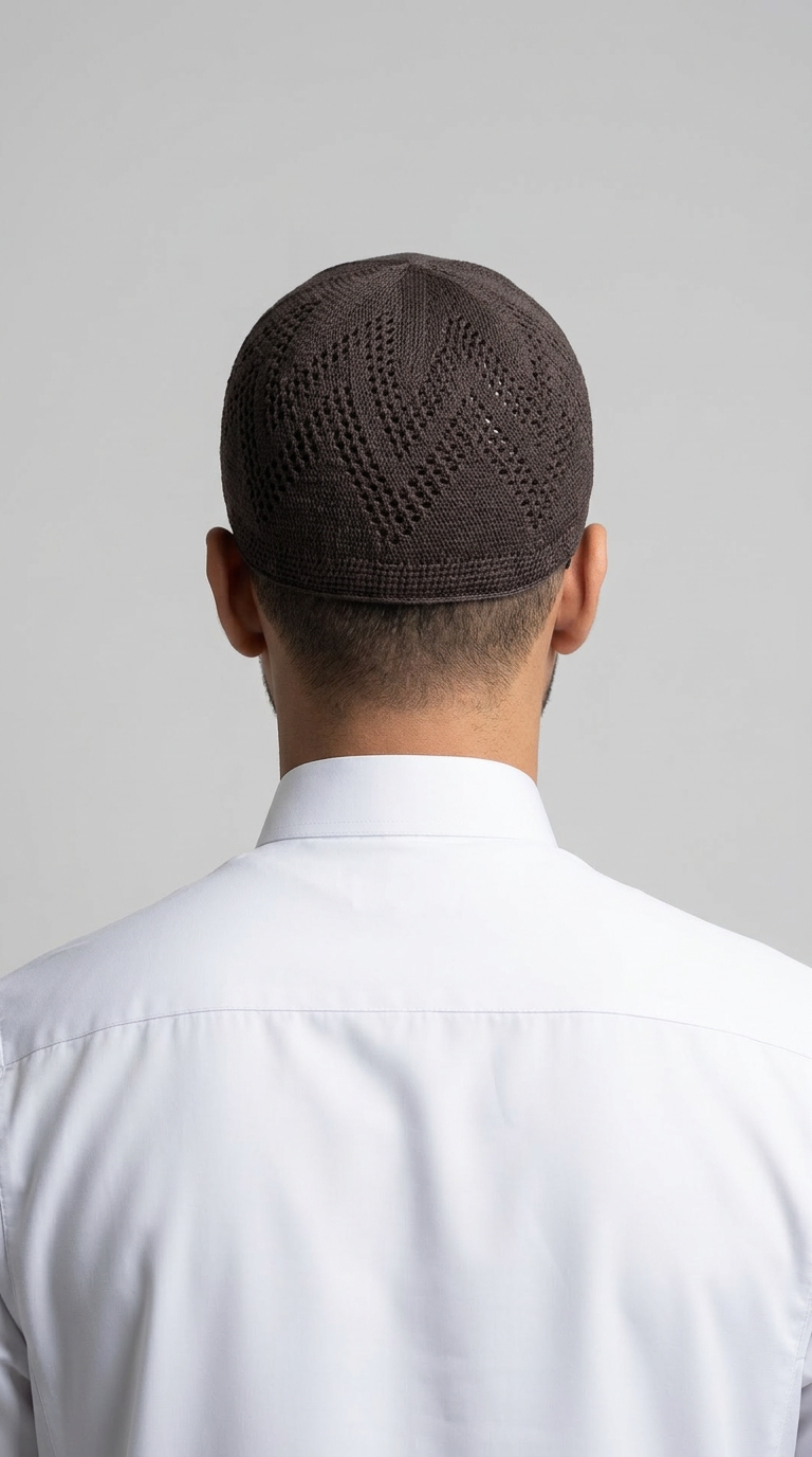 Man wearing a brown topi prayer cap, rear view