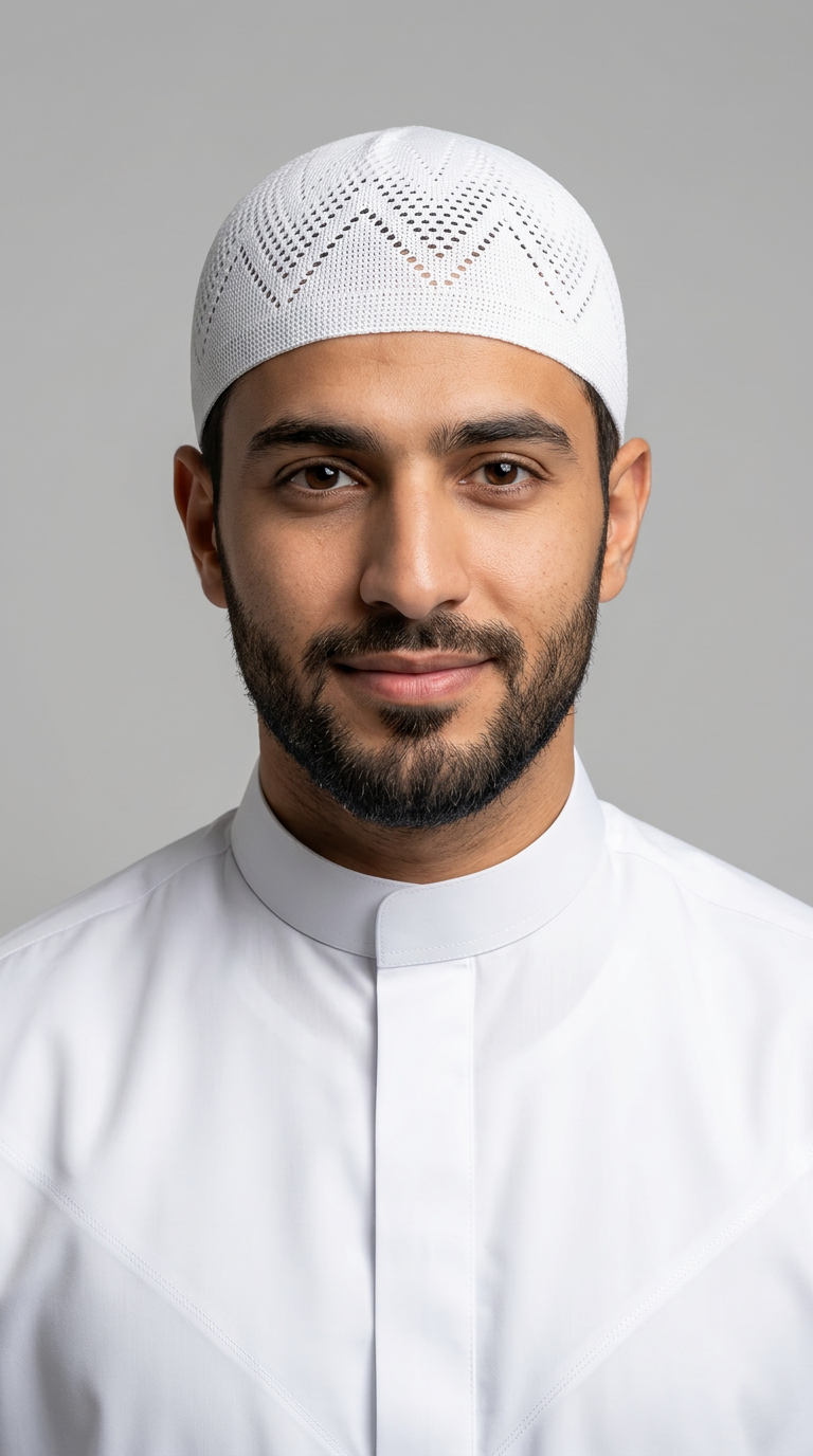 Man wearing a white topi prayer cap, front view