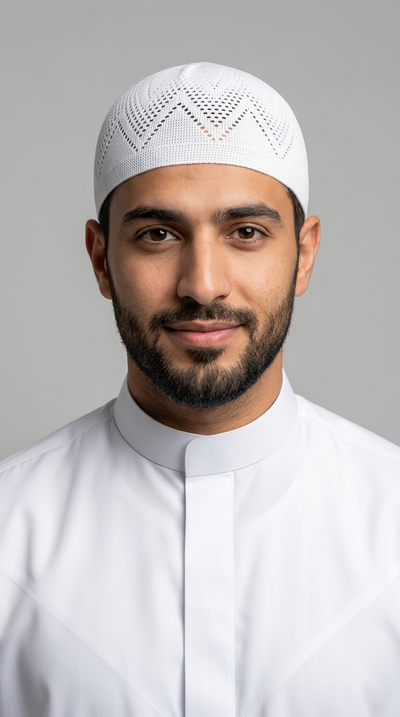 Man wearing a white topi prayer cap, front view