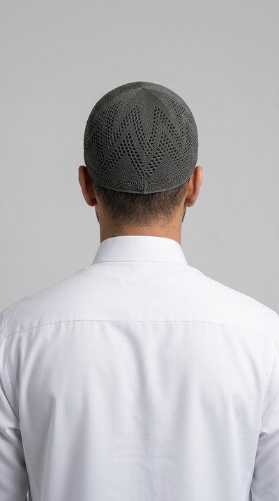 Man wearing a Tea gray topi prayer cap, rear view