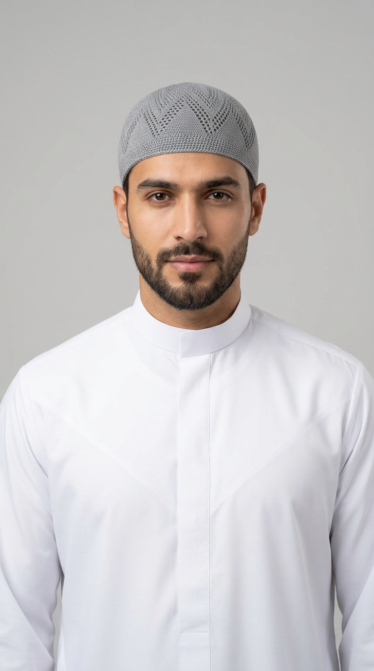 Man wearing a Cloud gray topi prayer cap, front view