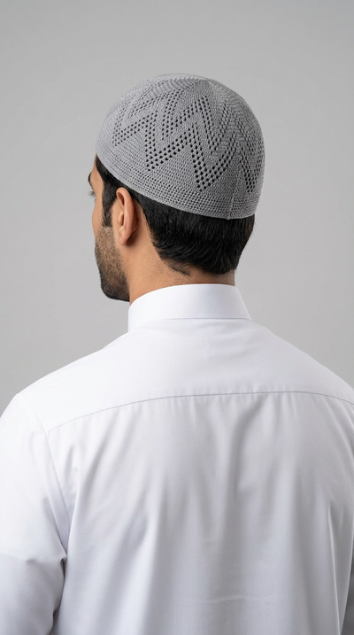 Man wearing a Cloud gray topi prayer cap, rear view