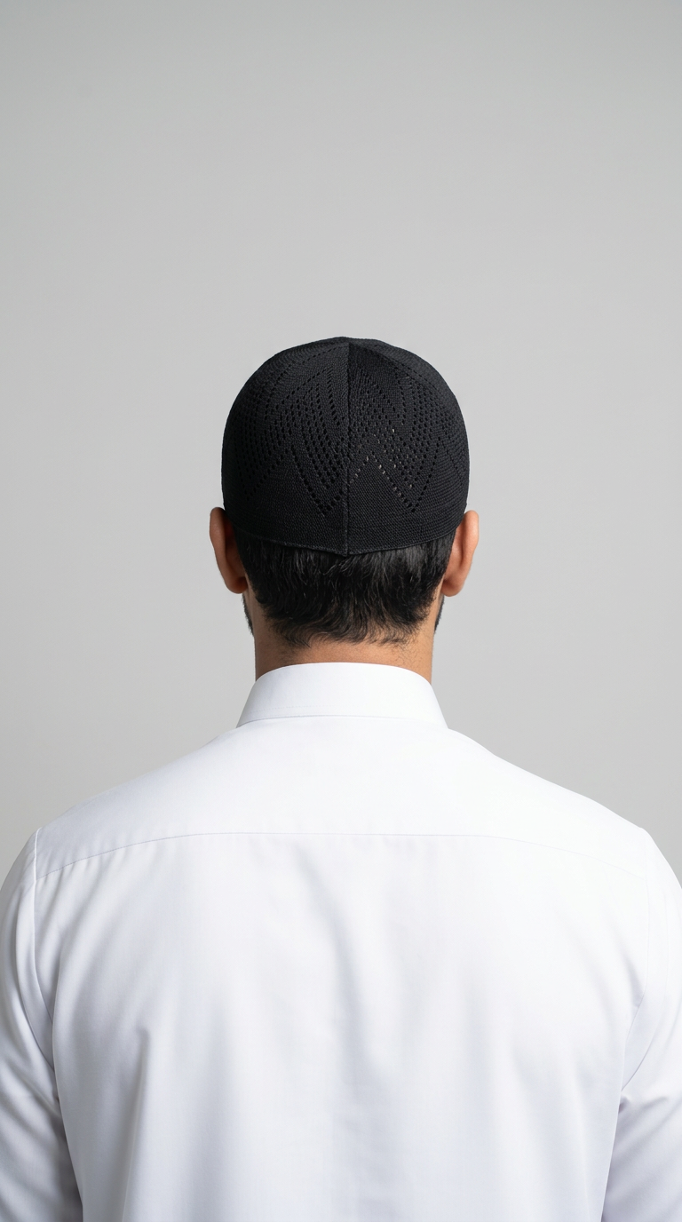Man wearing a black topi prayer cap, rear view