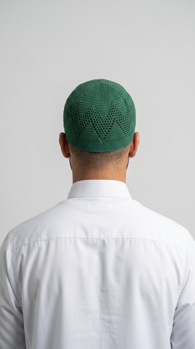 Man wearing a forest green topi prayer cap, rear view