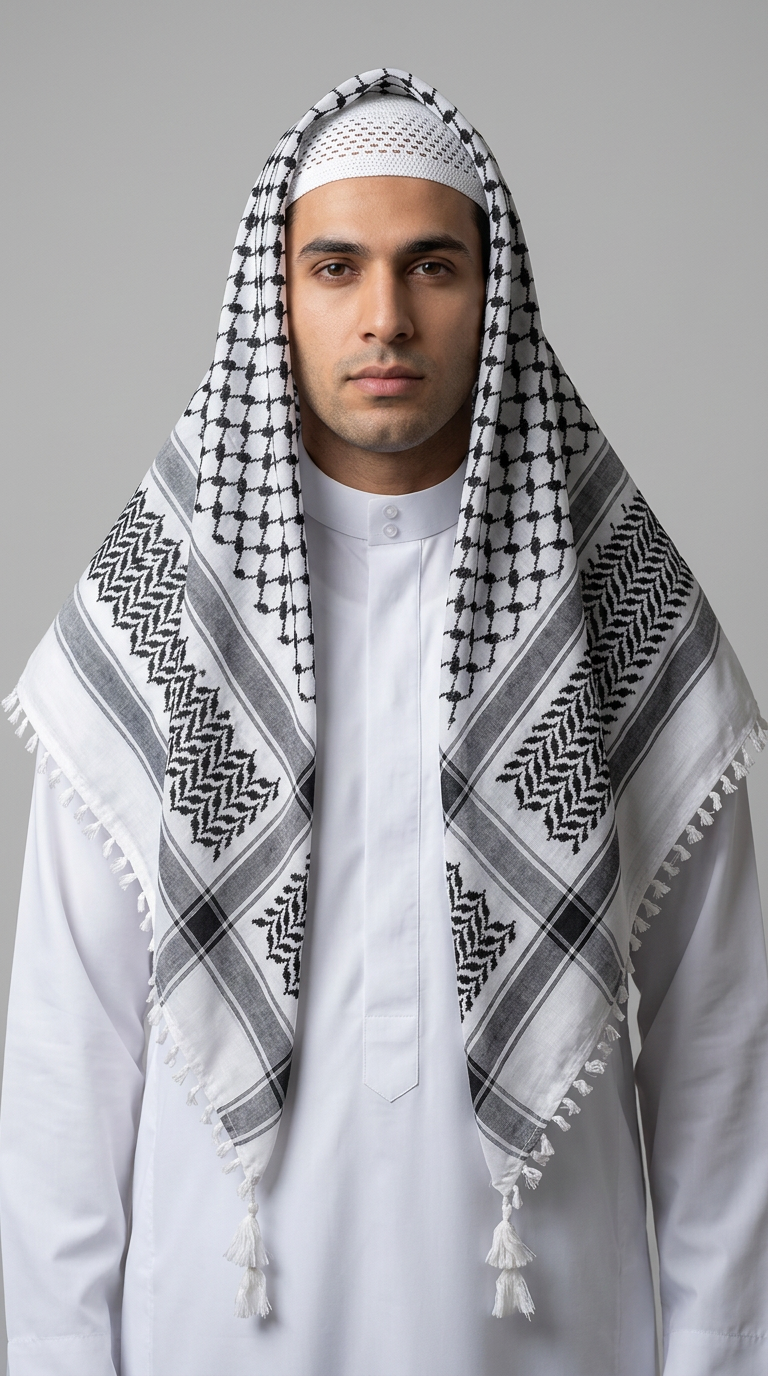 Man wearing a black and white patterned kafiya scarf over a white thobe