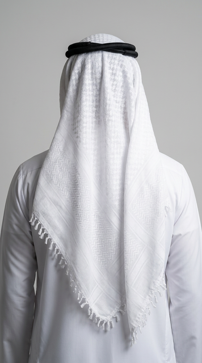 Rear view of a white kafiya scarf with black headband