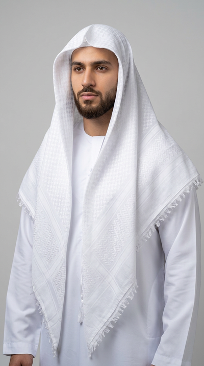 Man wearing a white kafiya scarf draped over his head and shoulders