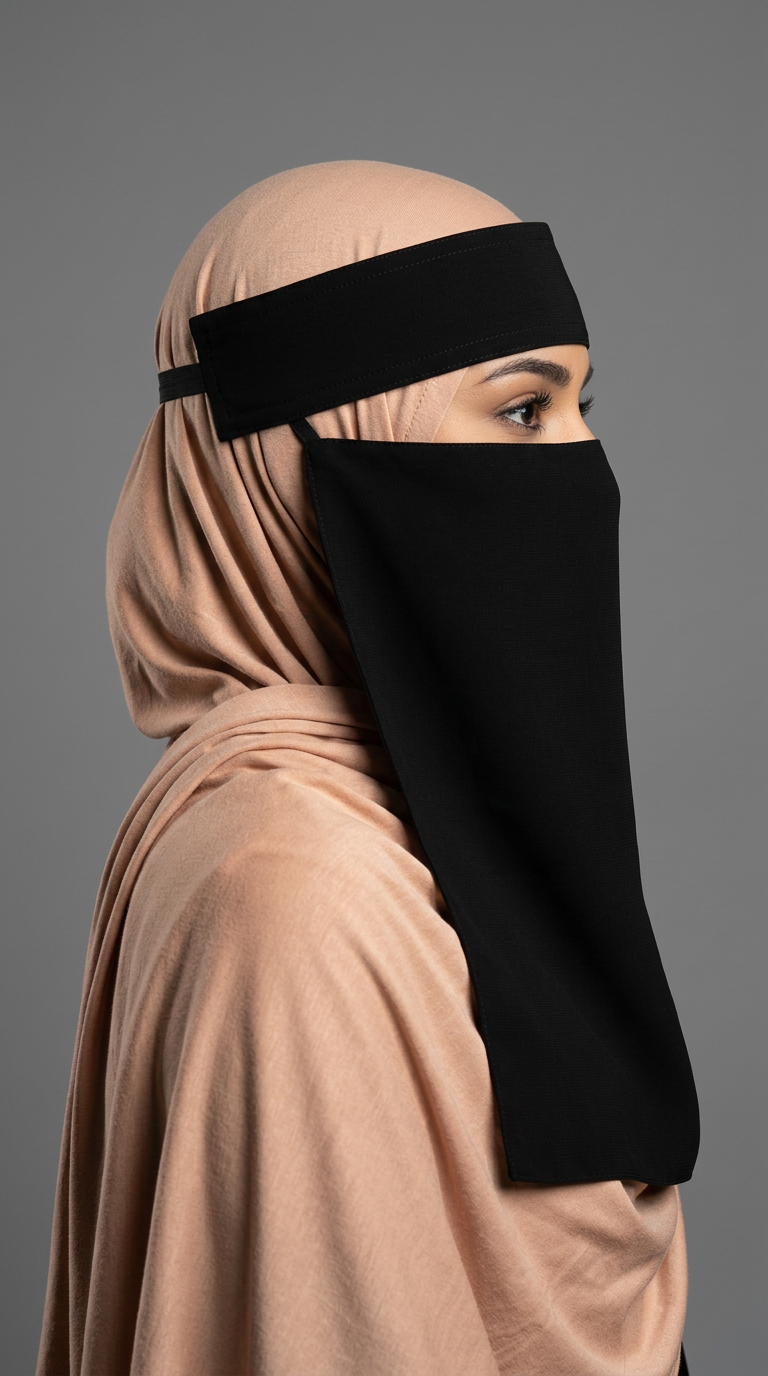 Black Clip Niqab 07, side view showing the back fastening