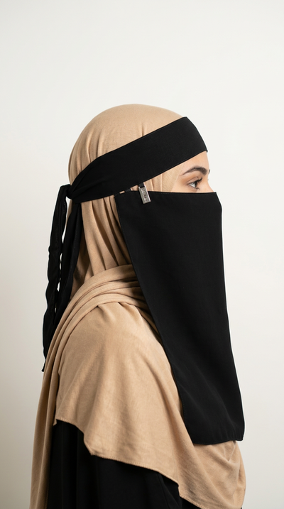 Black Gold Side Niqab 08, side view showing the gold-tone accent