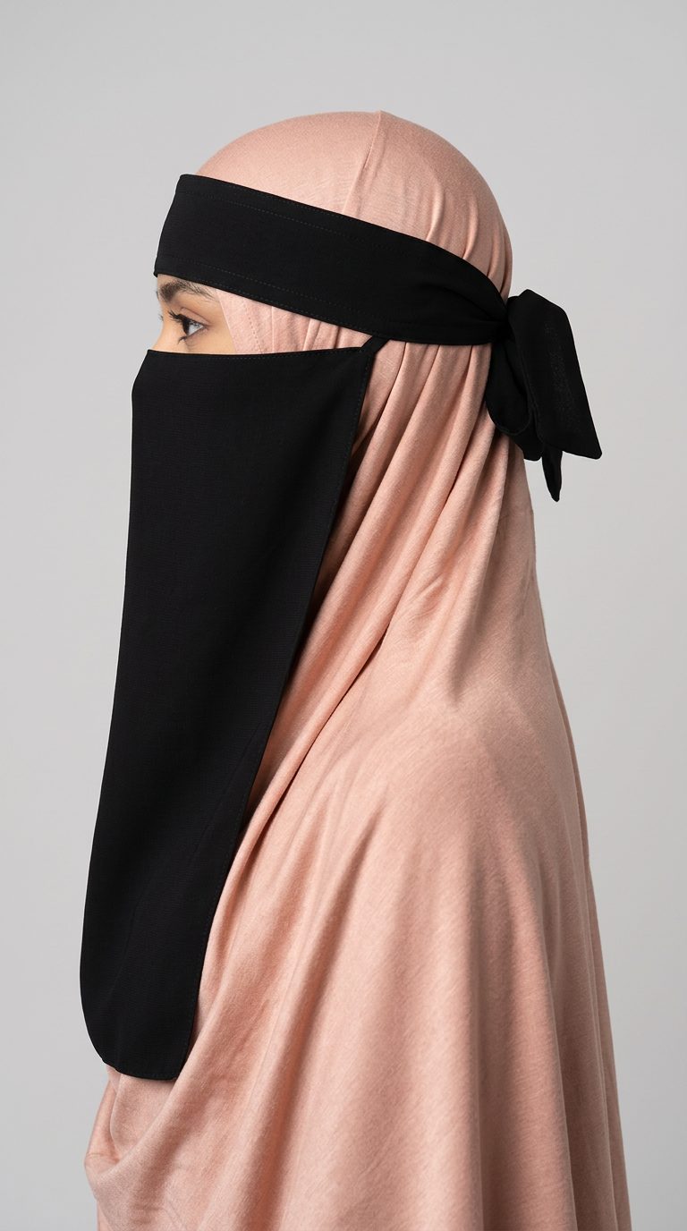 Black Hard Band Niqab 01, side view showing the back ties