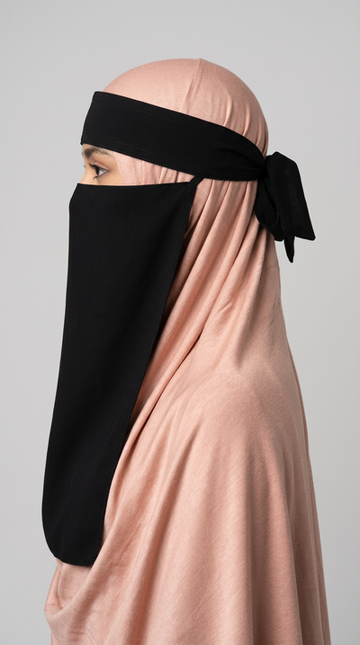 Black Hard Band Niqab 01, side view showing the back ties