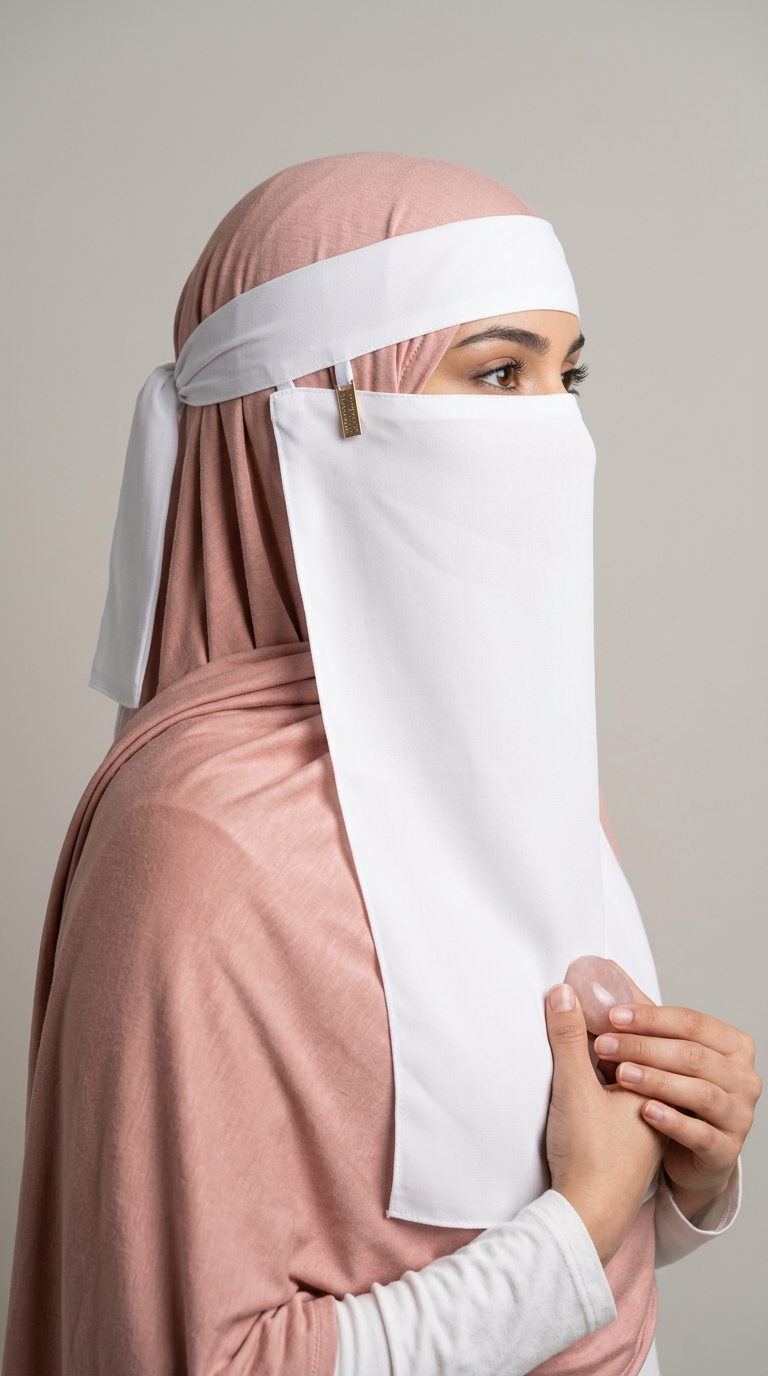 White Gold Side Niqab 08 with a peach hijab, angled view