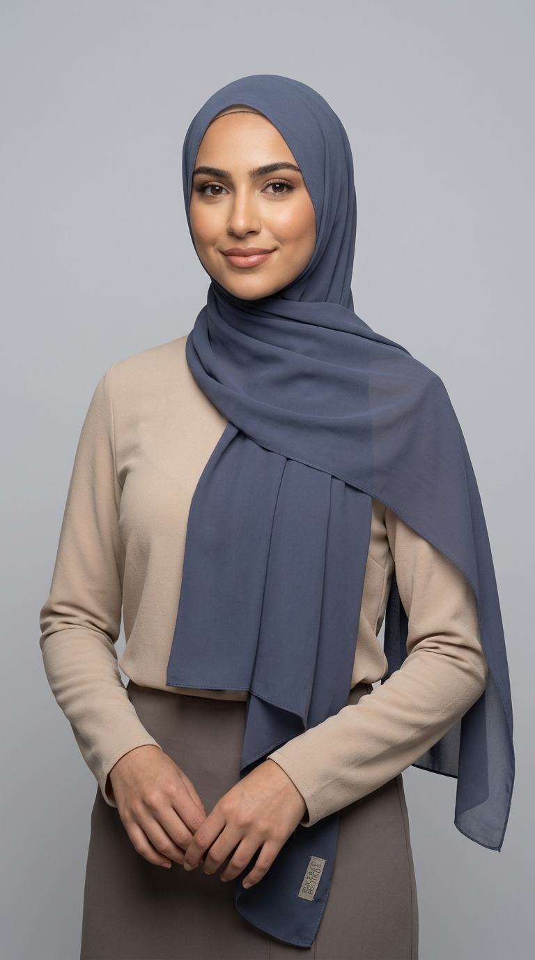 Model wearing the Pewter Premium Chiffon Hijab, angled view