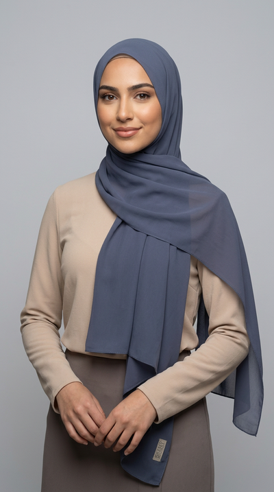 Model wearing the Pewter Premium Chiffon Hijab, angled view