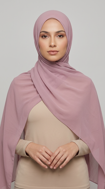 Model wearing the Lavender Premium Chiffon Hijab, alternate styling view