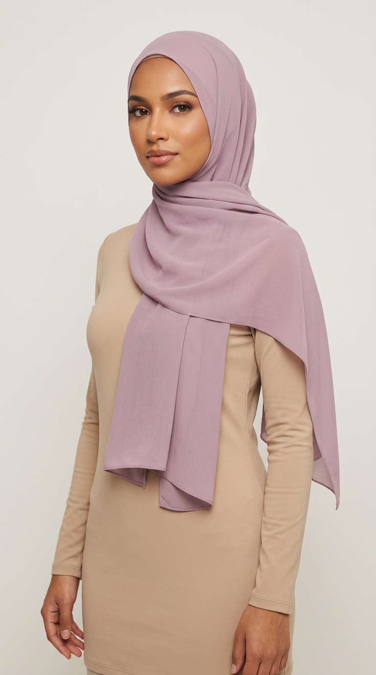 Model wearing the Lavender Premium Chiffon Hijab, angled view