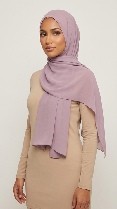 Model wearing the Lavender Premium Chiffon Hijab, angled view