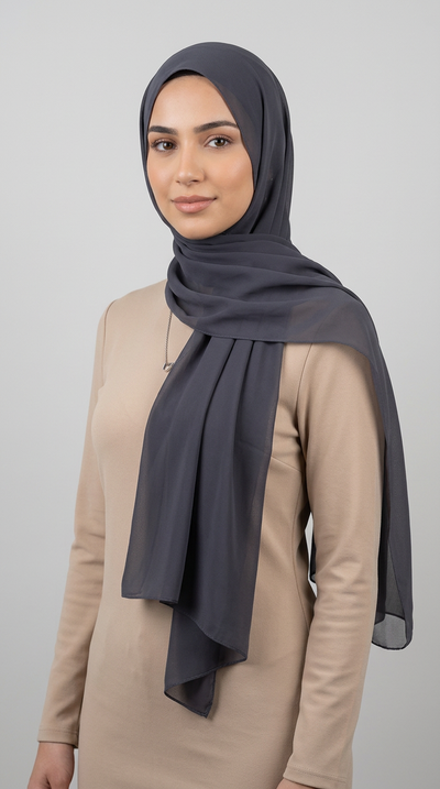 Model wearing the Iron Premium Chiffon Hijab, alternate styling view