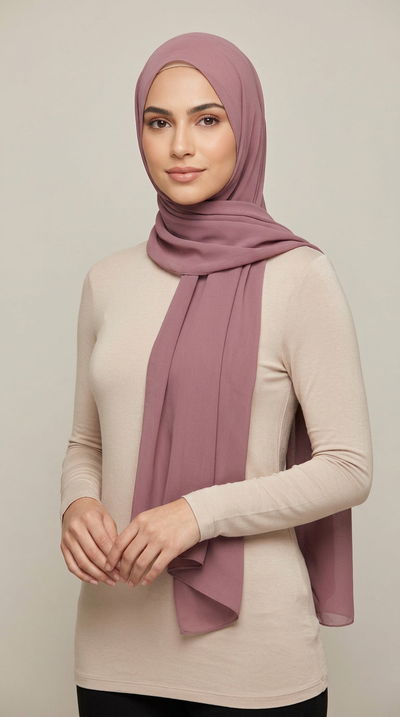Model wearing the Indian Red Premium Chiffon Hijab, alternate styling view