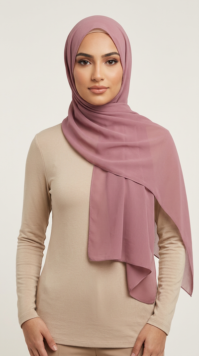 Model wearing the Indian Red Premium Chiffon Hijab, angled view