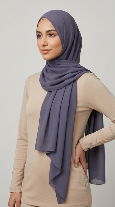 Model wearing the Pewter Premium Chiffon Hijab, front view