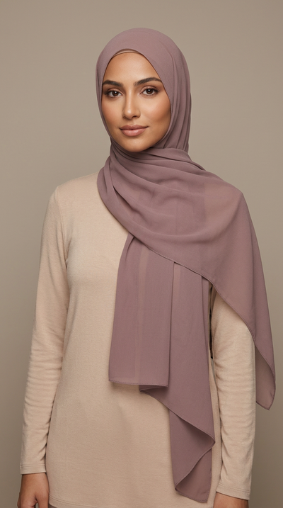 Model wearing the Redwood Premium Chiffon Hijab, alternate styling view