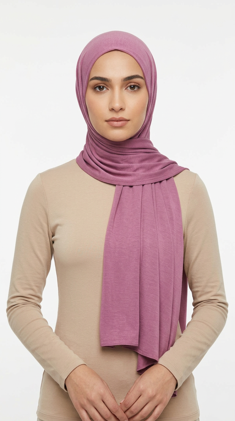 Woman wearing the Thulian Big Jersey Hijab with a beige top