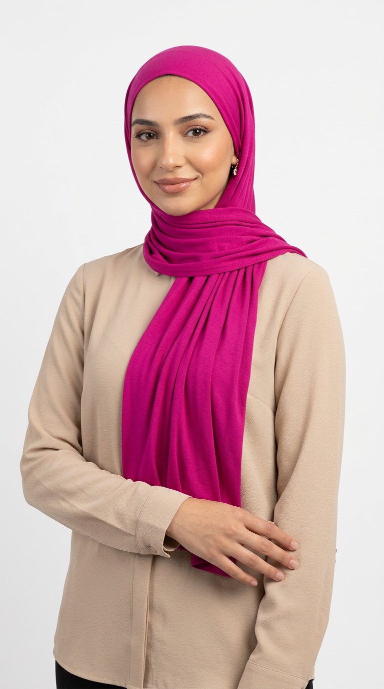 Woman wearing the Magenta Big Jersey Hijab with a beige top