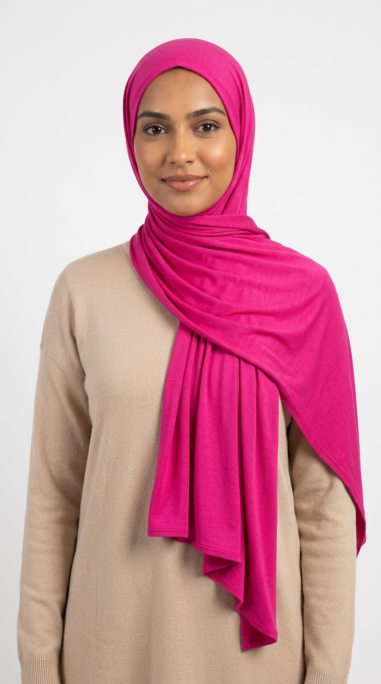 Woman wearing the Magenta Big Jersey Hijab with a beige top