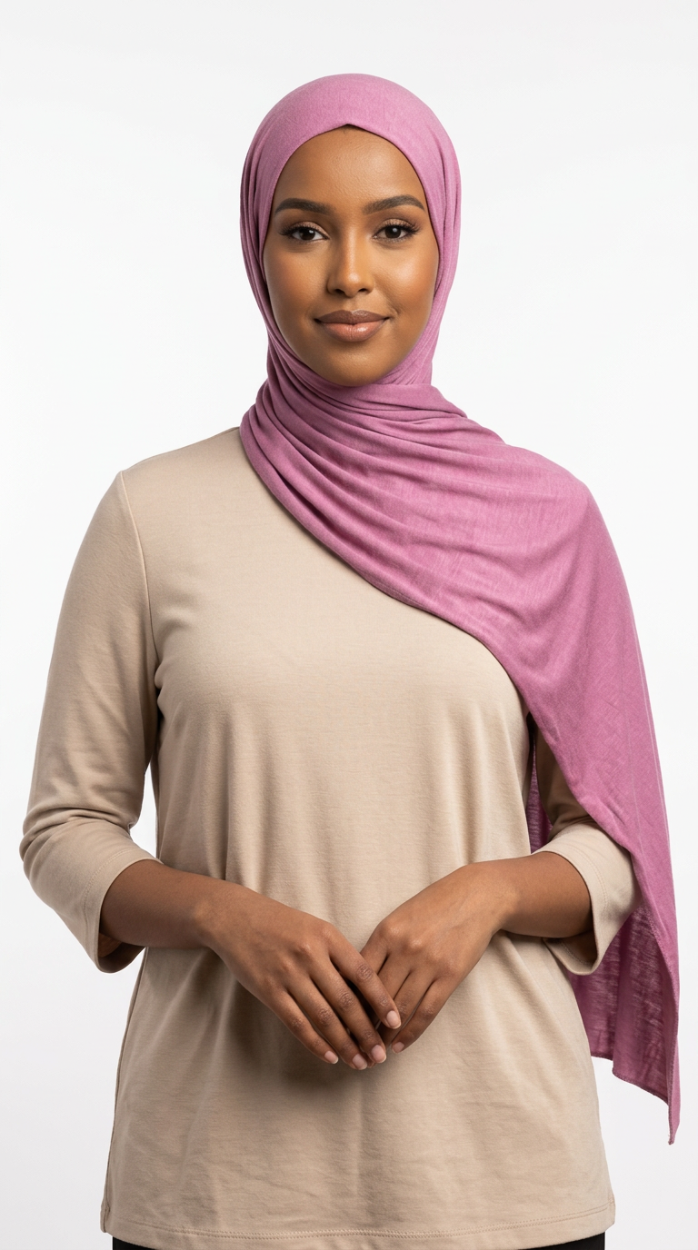 Woman wearing the Thulian Big Jersey Hijab with a beige top