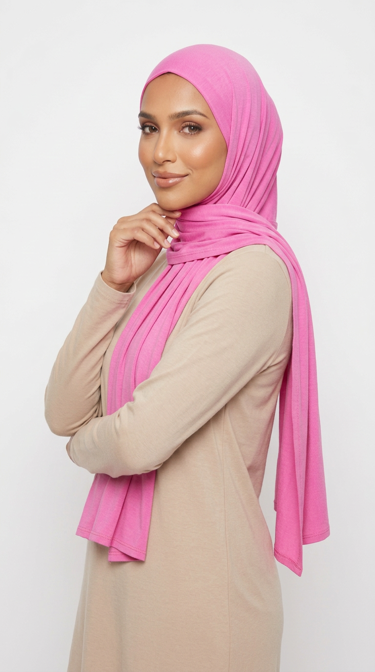 Woman wearing the Rose Pink Big Jersey Hijab with a beige top